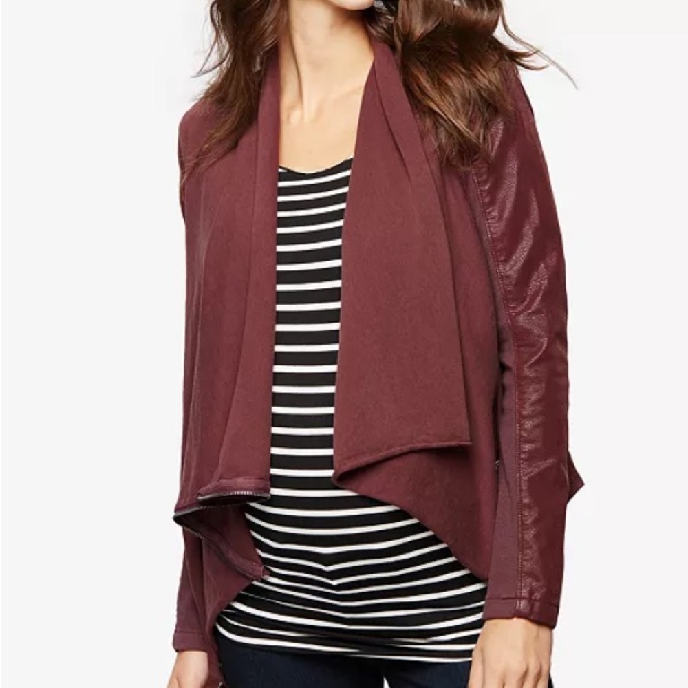 Blank NYC drape maroon faux leather mixed media jacket coat